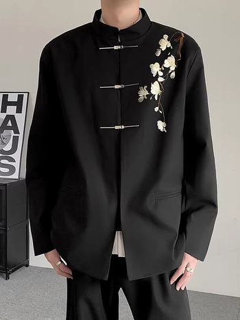 Pánsky oblekový set – nový čínsky štýl, vysoká kvalita, stojací golier, jednoradový sak s tromi gombíkmi, polyesterová tkanina