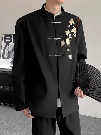 Pánsky oblekový set – nový čínsky štýl, vysoká kvalita, stojací golier, jednoradový sak s tromi gombíkmi, polyesterová tkanina