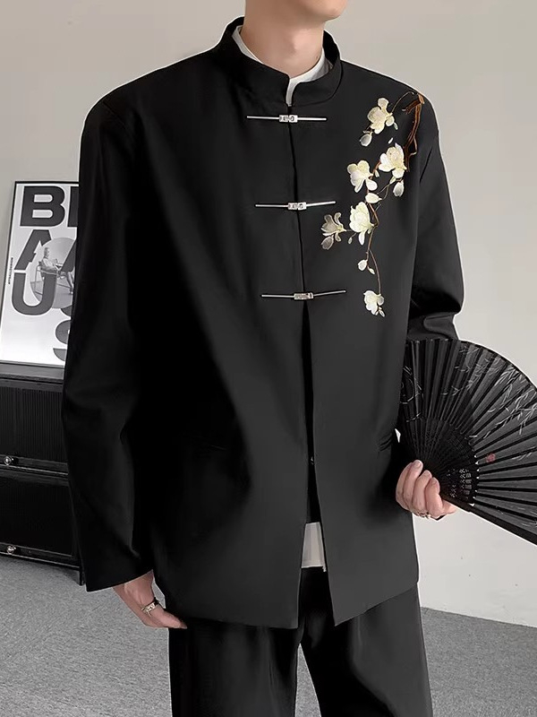 Pánsky oblekový set – nový čínsky štýl, vysoká kvalita, stojací golier, jednoradový sak s tromi gombíkmi, polyesterová tkanina