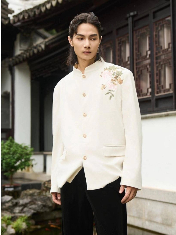 Pánske sako so stojacim golierom a výšivkou pivónie, jednoradové tri gombíky, polyester