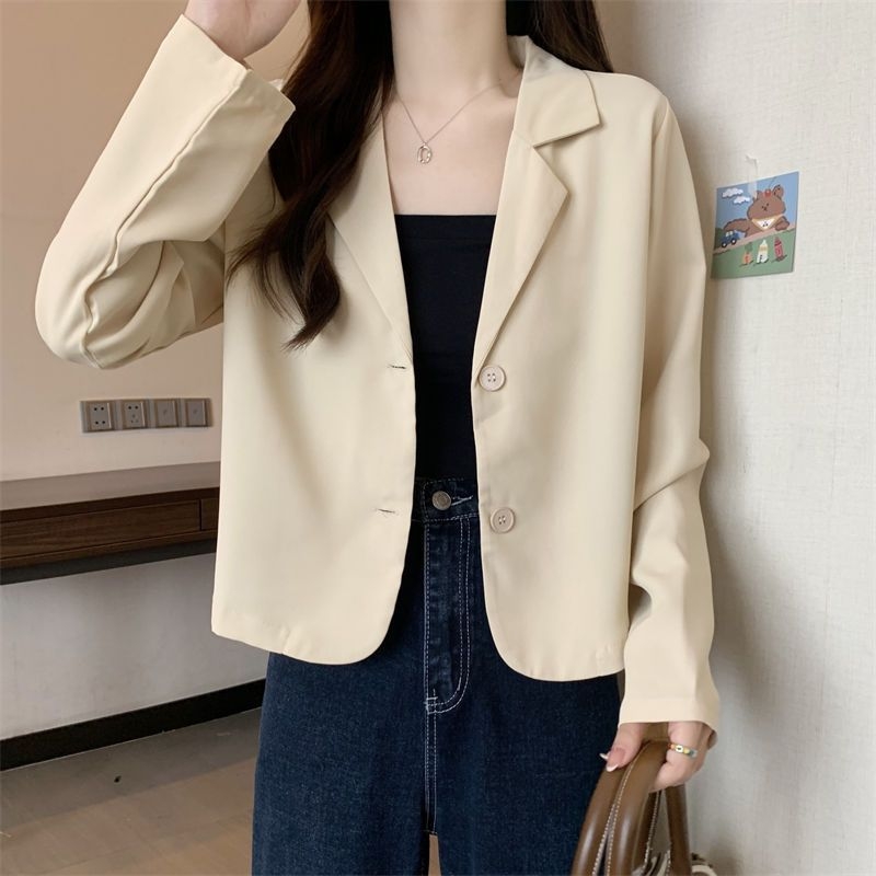 Dámsky slim blazer s golierom, dlhé rukávy, polyesterový materiál, zapínanie na dva gombíky v jednom rade, japonsko-kórejský voľnočasový štýl, jar 2025
