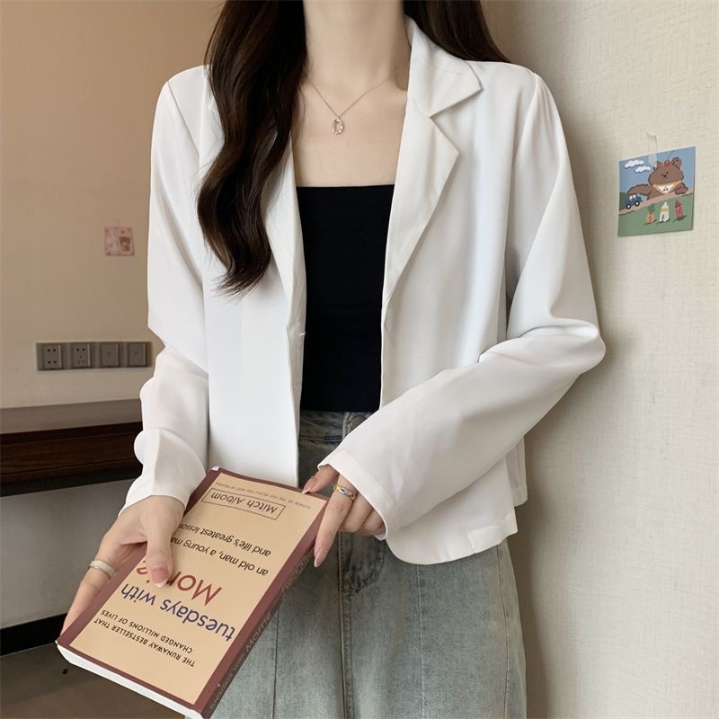 Dámsky slim blazer s golierom, dlhé rukávy, polyesterový materiál, zapínanie na dva gombíky v jednom rade, japonsko-kórejský voľnočasový štýl, jar 2025