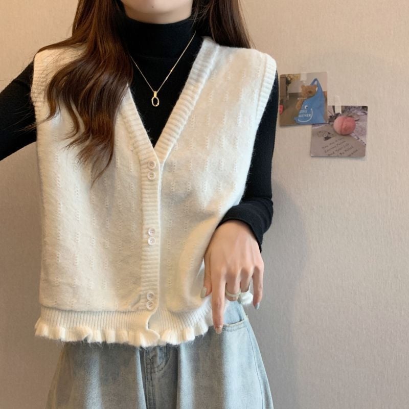 Ženski pleteni gilet-kardigan s V izrezom, Ice Silk materijal, ribasti uzorak, bez rukava, proljeće 2025