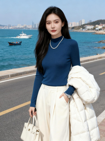 Ženský bezšvový vlnený sveter – 120S, Slim Fit, stojací golier, dlhé rukávy, pranie v práčke, stredná hrúbka