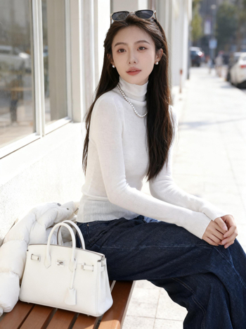 Ženský bezšvový vlnený sveter – 120S, Slim Fit, stojací golier, dlhé rukávy, pranie v práčke, stredná hrúbka