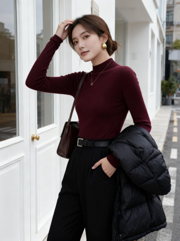 Ženský bezšvový vlnený sveter – 120S, Slim Fit, stojací golier, dlhé rukávy, pranie v práčke, stredná hrúbka