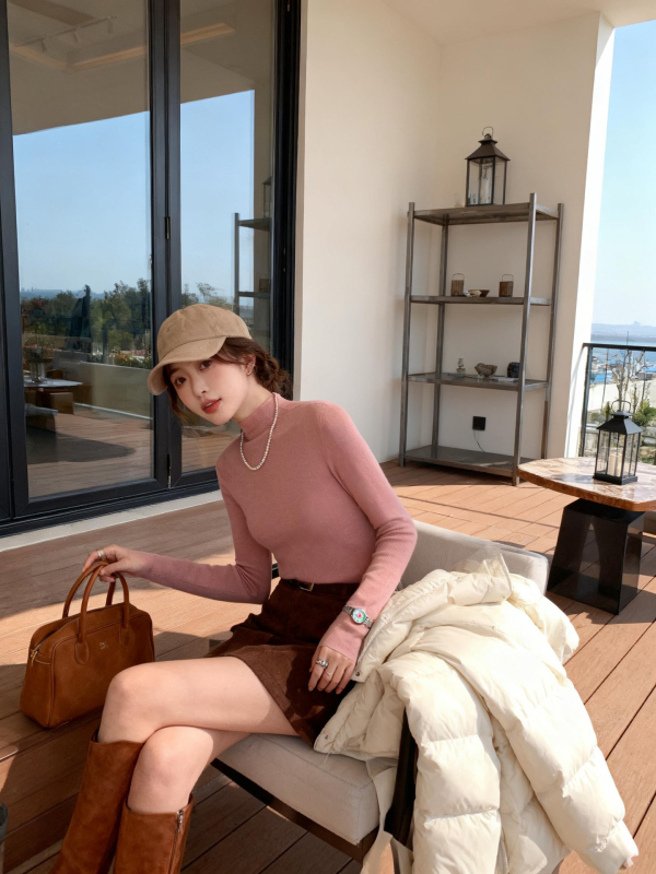 Ženský bezšvový vlnený sveter – 120S, Slim Fit, stojací golier, dlhé rukávy, pranie v práčke, stredná hrúbka