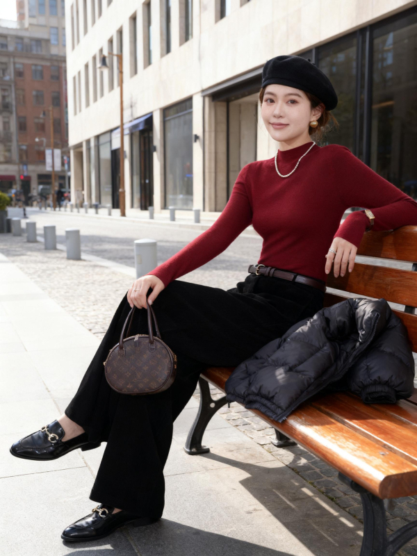 Ženský bezšvový vlnený sveter – 120S, Slim Fit, stojací golier, dlhé rukávy, pranie v práčke, stredná hrúbka