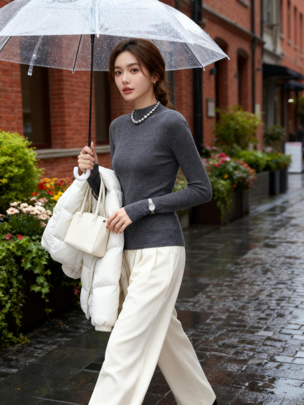 Ženský bezšvový vlnený sveter – 120S, Slim Fit, stojací golier, dlhé rukávy, pranie v práčke, stredná hrúbka