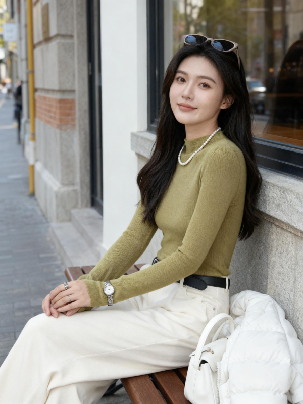 Ženský bezšvový vlnený sveter – 120S, Slim Fit, stojací golier, dlhé rukávy, pranie v práčke, stredná hrúbka