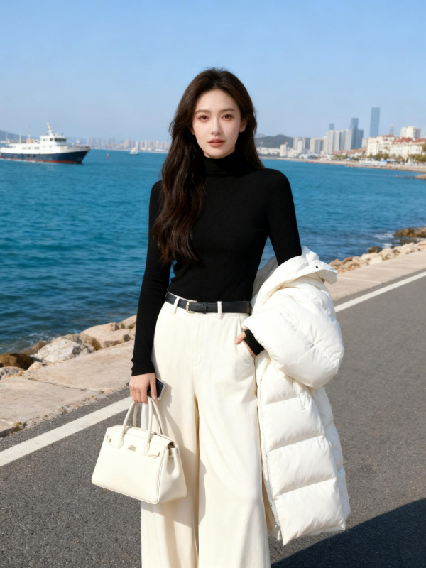 Ženský bezšvový vlnený sveter – 120S, Slim Fit, stojací golier, dlhé rukávy, pranie v práčke, stredná hrúbka