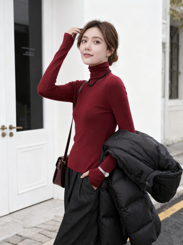 Ženský bezšvový vlnený sveter – 120S, Slim Fit, stojací golier, dlhé rukávy, pranie v práčke, stredná hrúbka