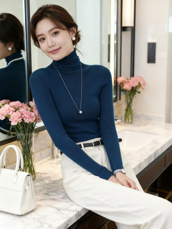 Ženský bezšvový vlnený sveter – 120S, Slim Fit, stojací golier, dlhé rukávy, pranie v práčke, stredná hrúbka