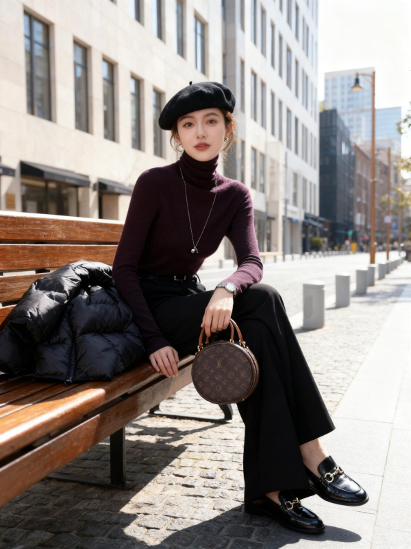 Ženský bezšvový vlnený sveter – 120S, Slim Fit, stojací golier, dlhé rukávy, pranie v práčke, stredná hrúbka