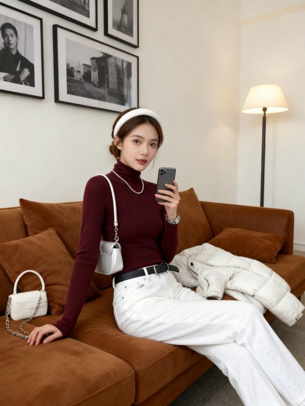 Ženský bezšvový vlnený sveter – 120S, Slim Fit, stojací golier, dlhé rukávy, pranie v práčke, stredná hrúbka