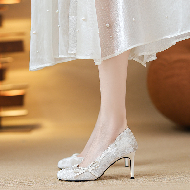 Pantofi de banchet pentru femei, vârf rotund, suprafață din super fiber, toc subțire 6-8 cm, talpă din cauciuc