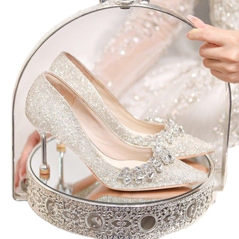 Francúzske dámske svadobné lodičky s kryštálmi, špičatý nos, stiletto podpätok 6–8 cm, PU vrchný materiál, gumená podrážka, slip-on