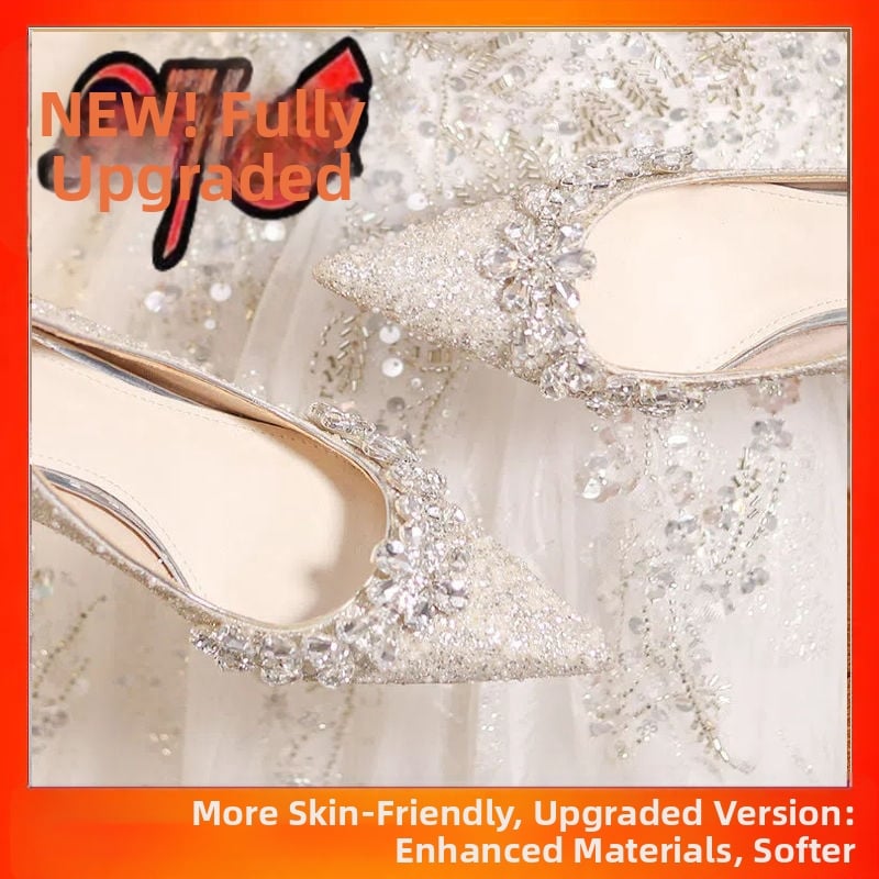 Francúzske dámske svadobné lodičky s kryštálmi, špičatý nos, stiletto podpätok 6–8 cm, PU vrchný materiál, gumená podrážka, slip-on