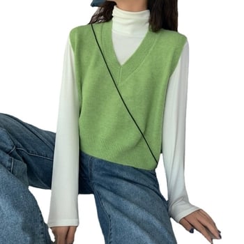 Dámska bezrukávová vesta s V-krkom - pletená, vlneno-viskozová zmes, jednofarebná, dĺžka 50–65 cm