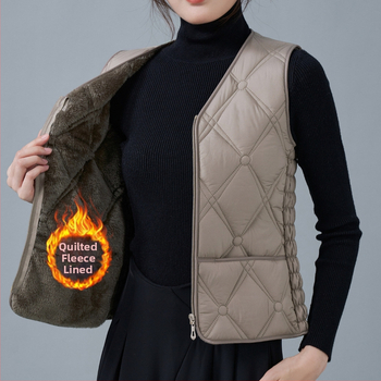 Dámska vesta z flísu a bavlny, úzky strih, V výstrih, vzory: diamantová mriežka a bodky, výplň polyestér, bežná dĺžka