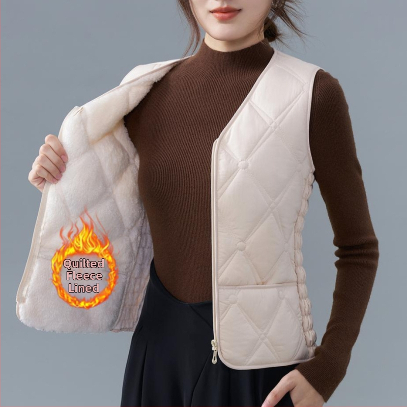 Dámska vesta z flísu a bavlny, úzky strih, V výstrih, vzory: diamantová mriežka a bodky, výplň polyestér, bežná dĺžka