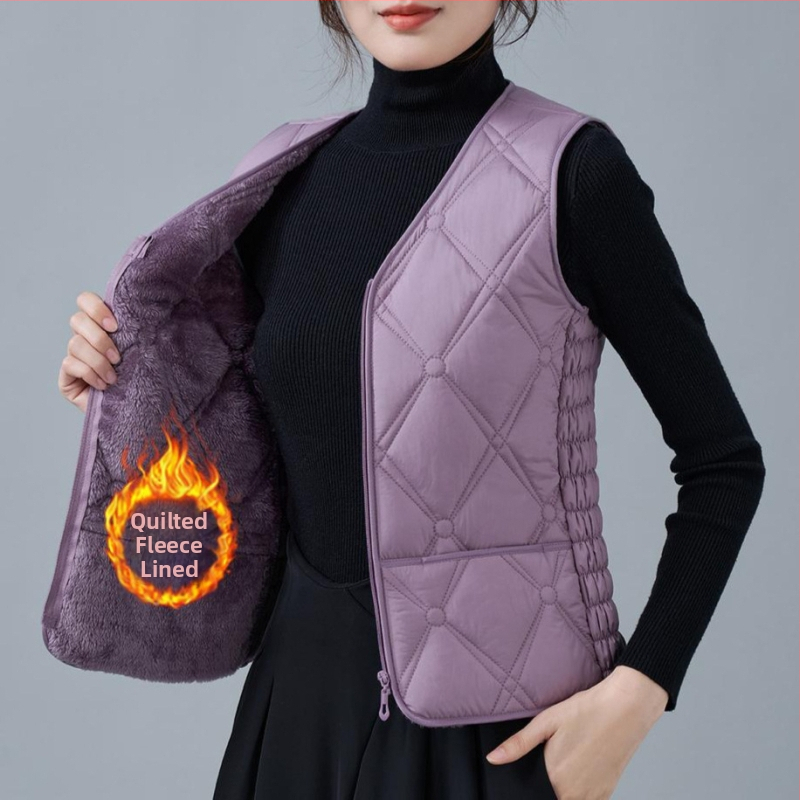 Dámska vesta z flísu a bavlny, úzky strih, V výstrih, vzory: diamantová mriežka a bodky, výplň polyestér, bežná dĺžka