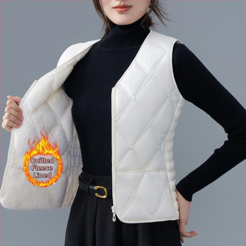 Dámska vesta z flísu a bavlny, úzky strih, V výstrih, vzory: diamantová mriežka a bodky, výplň polyestér, bežná dĺžka