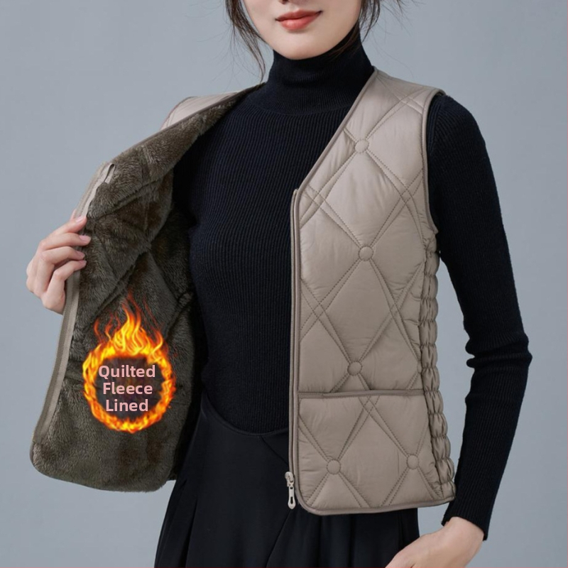 Dámska vesta z flísu a bavlny, úzky strih, V výstrih, vzory: diamantová mriežka a bodky, výplň polyestér, bežná dĺžka