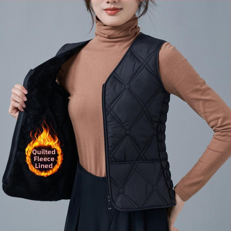 Dámska vesta z flísu a bavlny, úzky strih, V výstrih, vzory: diamantová mriežka a bodky, výplň polyestér, bežná dĺžka