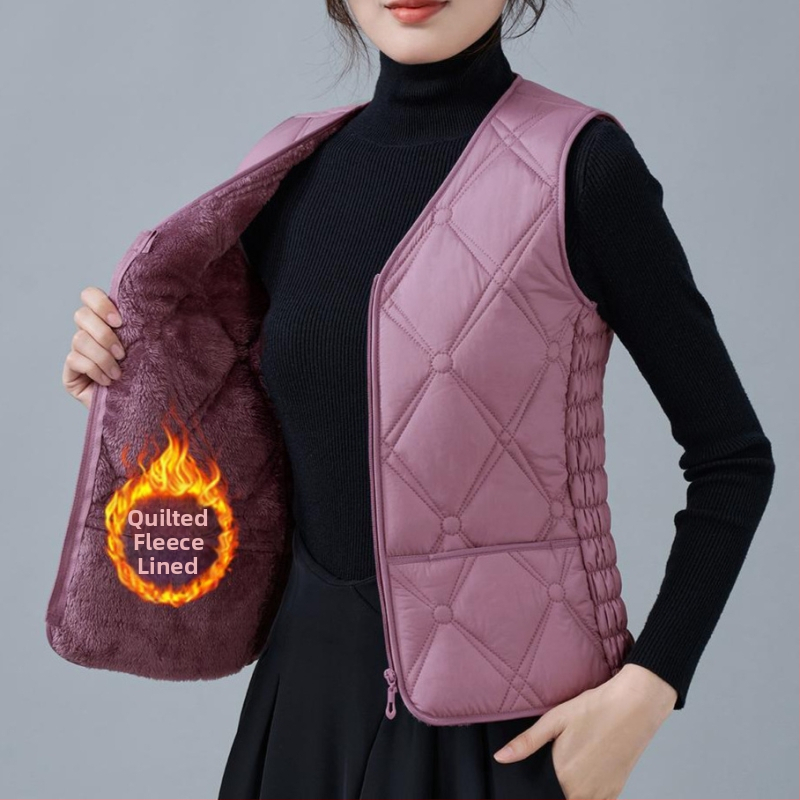 Dámska vesta z flísu a bavlny, úzky strih, V výstrih, vzory: diamantová mriežka a bodky, výplň polyestér, bežná dĺžka