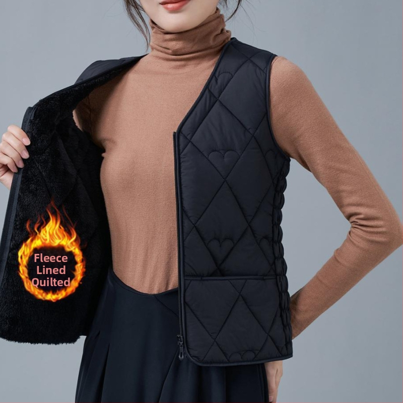 Dámska vesta z flísu a bavlny, úzky strih, V výstrih, vzory: diamantová mriežka a bodky, výplň polyestér, bežná dĺžka