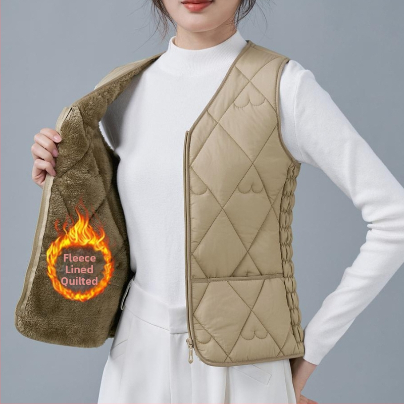 Dámska vesta z flísu a bavlny, úzky strih, V výstrih, vzory: diamantová mriežka a bodky, výplň polyestér, bežná dĺžka