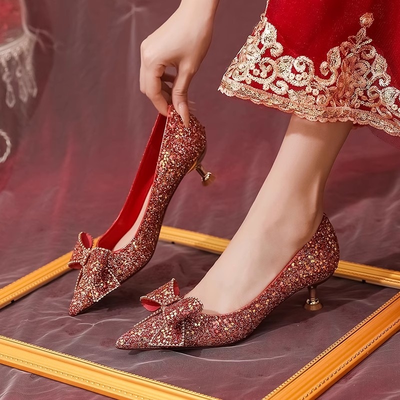 Svadobné topánky s ostrým nosom, PU vrchný materiál, stredná výška podpätku 3-6 cm, masívny podpätok, Slip-on