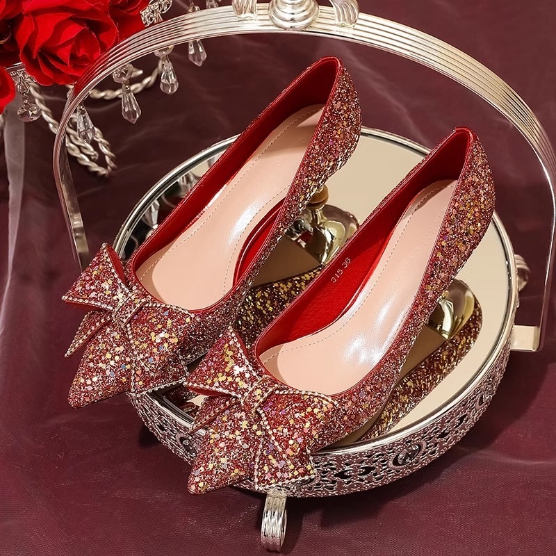 Svadobné topánky s ostrým nosom, PU vrchný materiál, stredná výška podpätku 3-6 cm, masívny podpätok, Slip-on