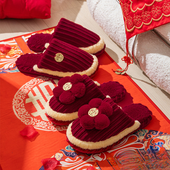 Svadobné papuče s dizajnom Toe-loop, vrchnák bavlna, podrážka PVC, hrubá podrážka, protišmykové a teplé