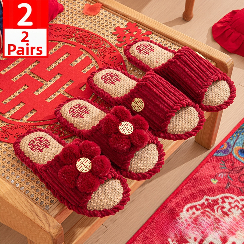 Vestuvinės šlepetės su Toe-loop dizainu, viršus iš medvilnės audinio, PVC padas, storas padas, atsparios slydimui ir šiltos