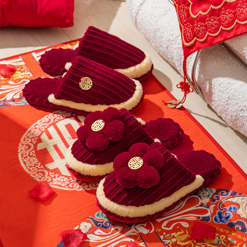 Svadobné papuče s dizajnom Toe-loop, vrchnák bavlna, podrážka PVC, hrubá podrážka, protišmykové a teplé