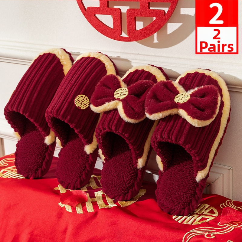 Svadobné papuče s dizajnom Toe-loop, vrchnák bavlna, podrážka PVC, hrubá podrážka, protišmykové a teplé