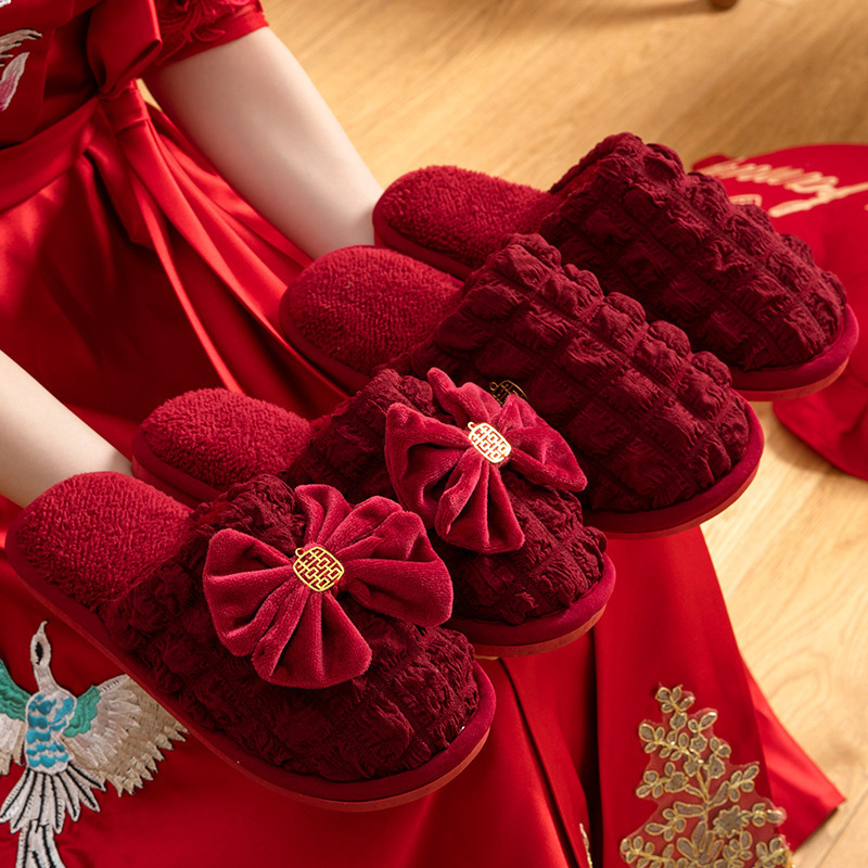 Svadobné papuče s dizajnom Toe-loop, vrchnák bavlna, podrážka PVC, hrubá podrážka, protišmykové a teplé