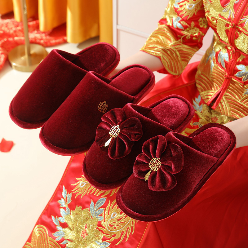 Svadobné papuče s dizajnom Toe-loop, vrchnák bavlna, podrážka PVC, hrubá podrážka, protišmykové a teplé