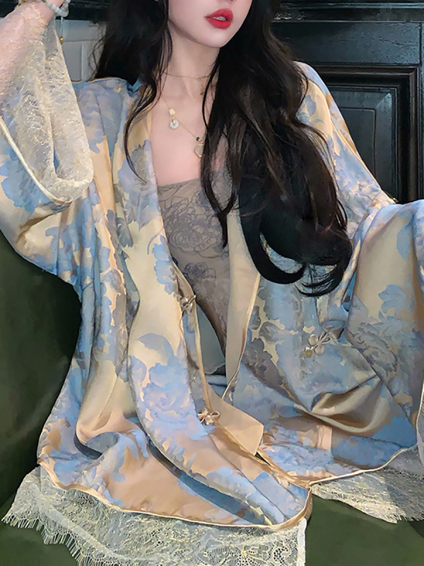 Dámsky cardigan kabát s čipkovaným jacquardom, polyesterový materiál, vzor rastlín, voľný strih, štvorcový golier