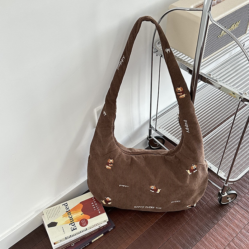 Aranyos hímzett válltáska, retro corduroy anyagból, állítható keresztpánttal, divatos női diák táska iskolába és mindennapokra