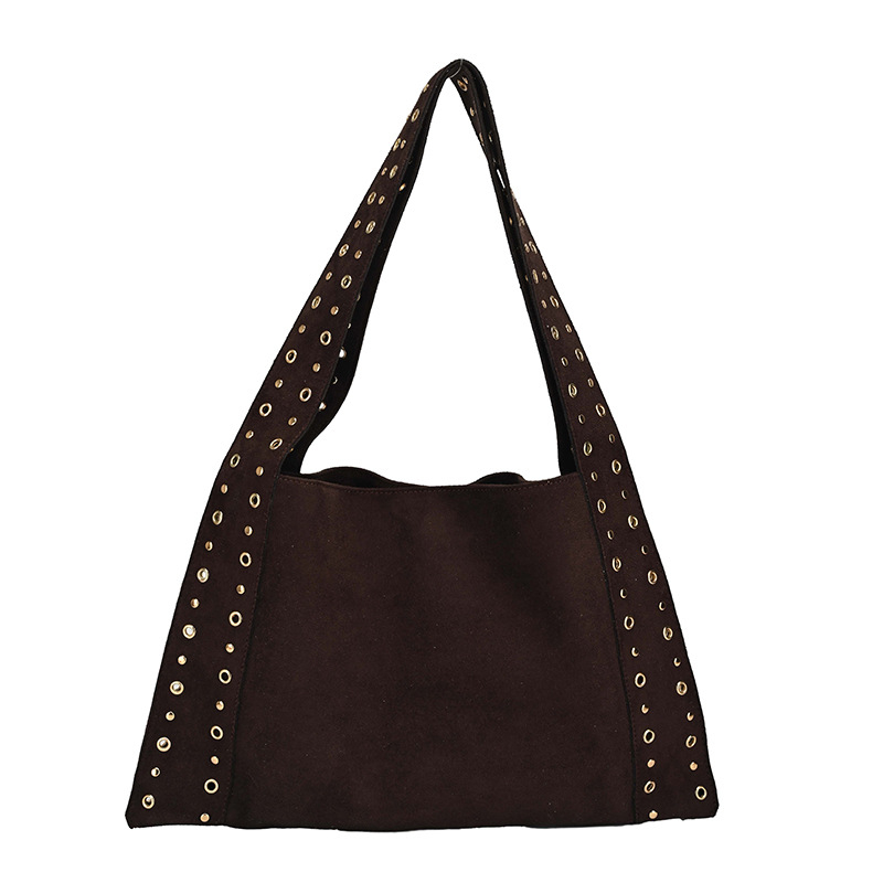 Taška cez rameno typu bucket zo semišu, mestský minimalistický štýl, vodorovný obdĺžnikový tvar, magnetické zapínanie, skrytý zipsový vrecko, dve remene