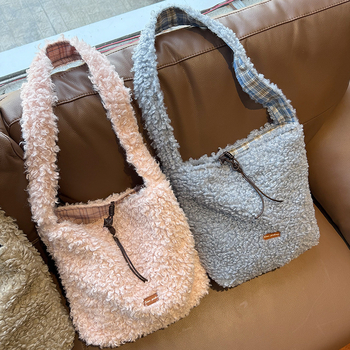 Geantă de umăr în stil coreean, blană de miel, toamnă-iarnă, cu capacitate mare, crossbody, pentru femei