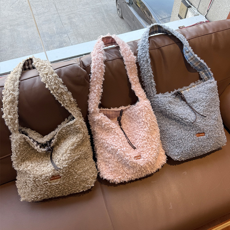 Geantă de umăr în stil coreean, blană de miel, toamnă-iarnă, cu capacitate mare, crossbody, pentru femei