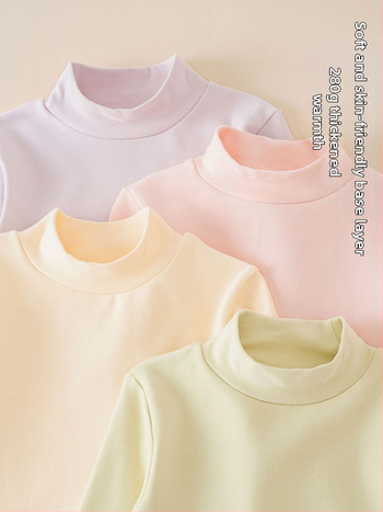 Detské základné tričko s dlhým rukávom, korejský štýl, 95% bavlna, brusená mäkká úprava, bez kapucne, jednobarevný vzor, na zimu jar jeseň