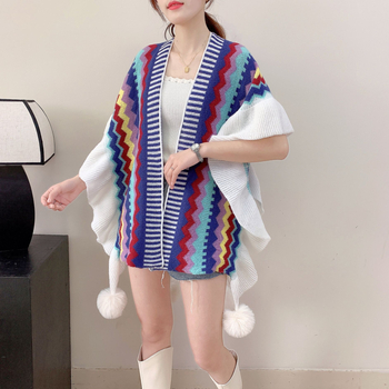 Dlhý šál s rozrezaniami a volánmi, pre ženy, polyester, teplý warp-knit, pruhovaný vzor, japonsko-kórejský sladký štýl