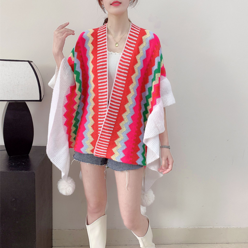 Dlhý šál s rozrezaniami a volánmi, pre ženy, polyester, teplý warp-knit, pruhovaný vzor, japonsko-kórejský sladký štýl