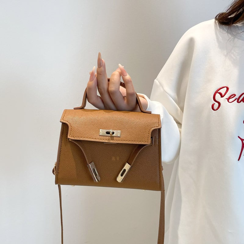 Geantă mini pătrată din PU cu închidere cu lacăt, buzunar pentru ID, formă orizontală, cu o singură curea de umăr