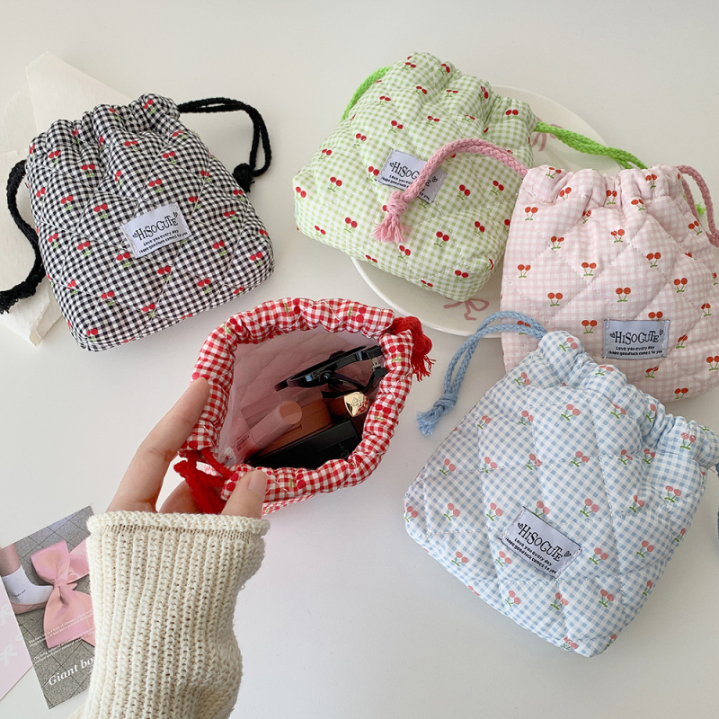Taška so šnúrkou s čerešňovým vzorom, INS štýl, polyester + bavlna, viacúčelové uloženie na cestovanie, kozmetiku, stolný poriadok, spálňu, kúpeľňu.